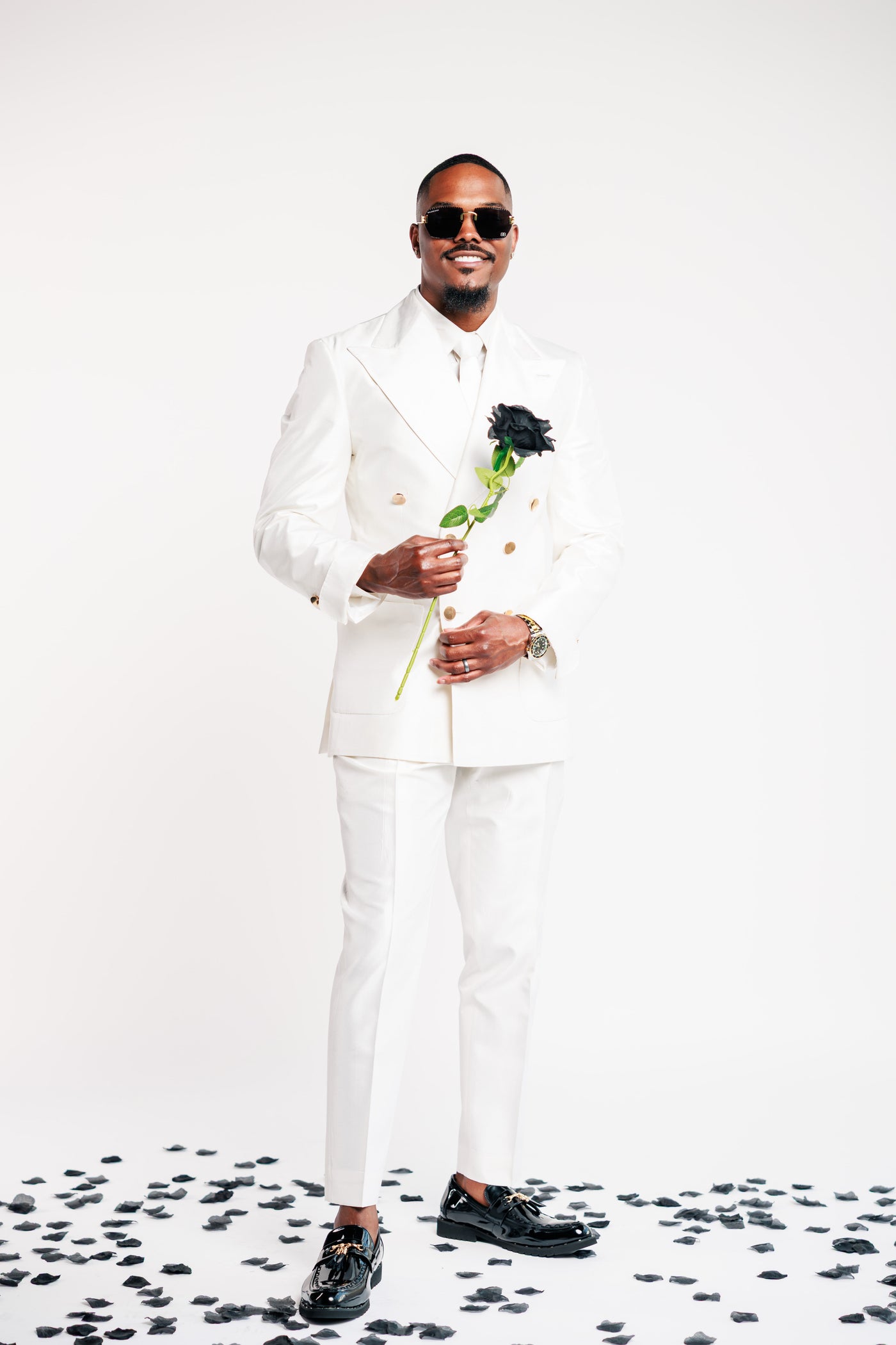White Shiny Suit with Gold Buttons