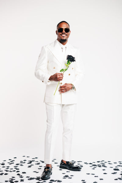 White Shiny Suit with Gold Buttons