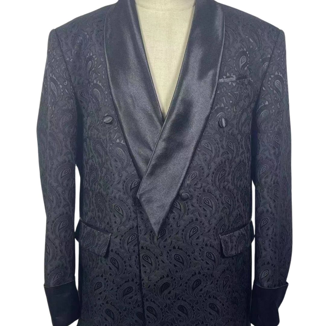 BLACK JACQUARD SUIT W/ ROPE AND EMBELLISHMENTS