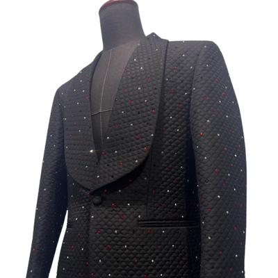Black quilted suit with red, black and white crystals