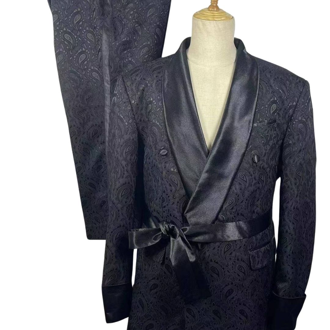 BLACK JACQUARD SUIT W/ ROPE AND EMBELLISHMENTS