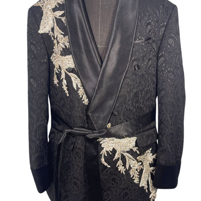 BLACK JACQUARD SUIT W/ ROPE AND EMBELLISHMENTS
