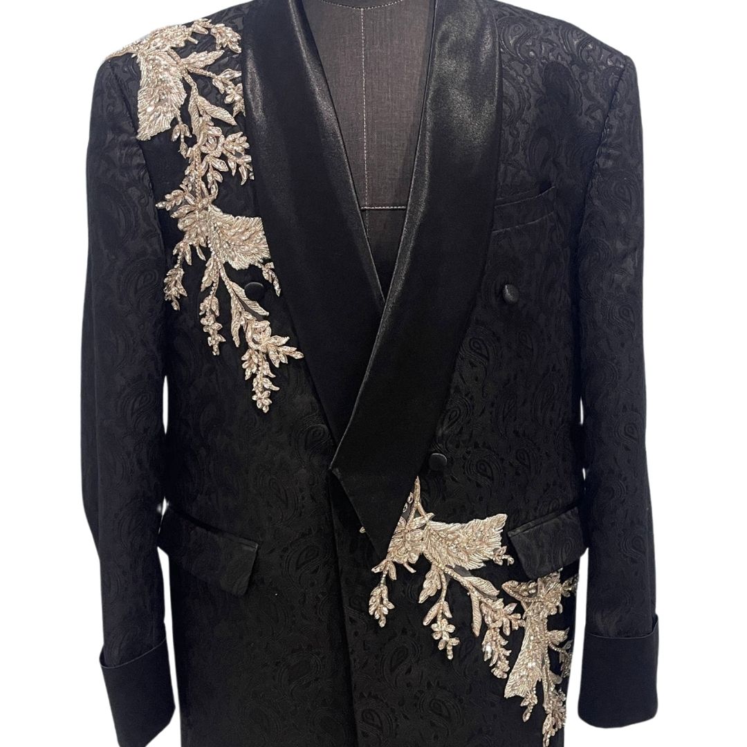 BLACK JACQUARD SUIT W/ ROPE AND EMBELLISHMENTS