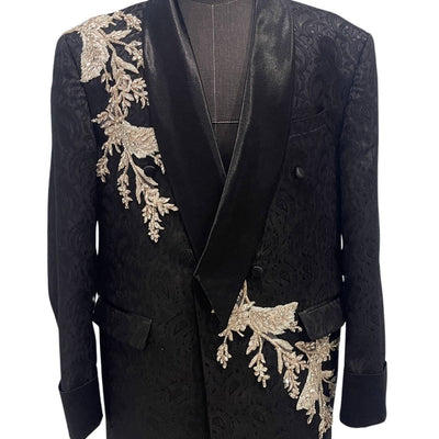 BLACK JACQUARD SUIT W/ ROPE AND EMBELLISHMENTS