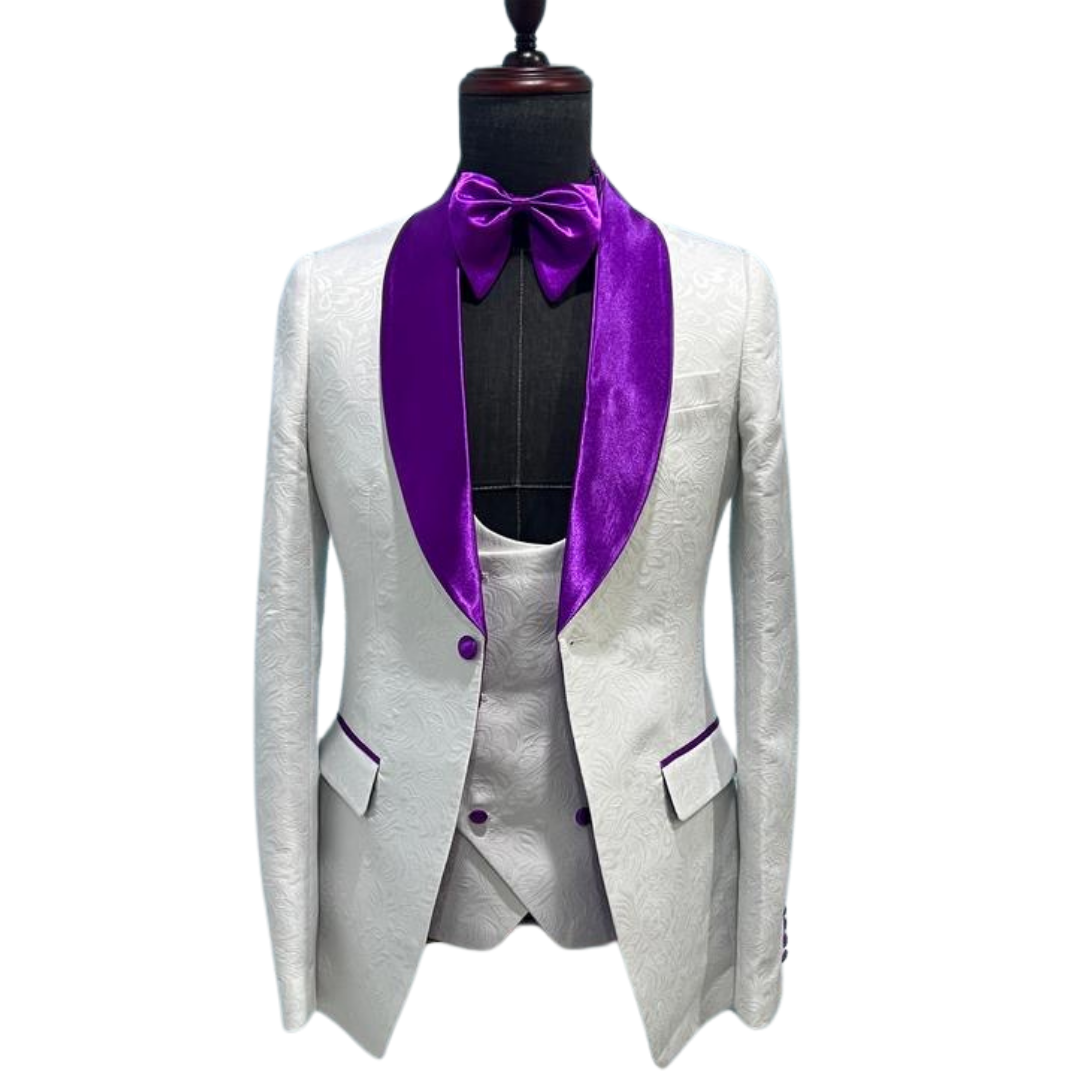 Purple and white jacquard 3-piece suit