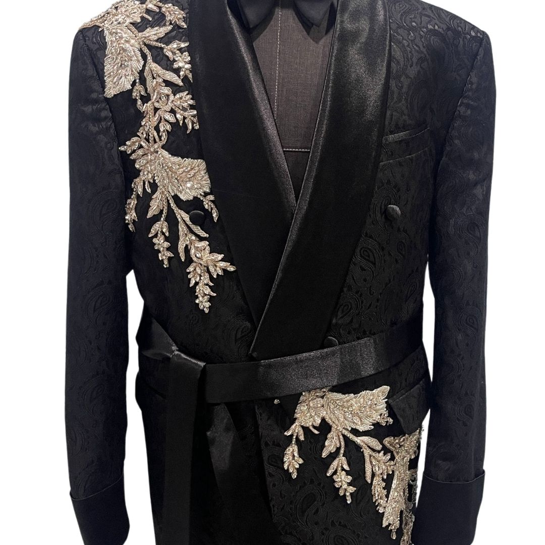 BLACK JACQUARD SUIT W/ ROPE AND EMBELLISHMENTS