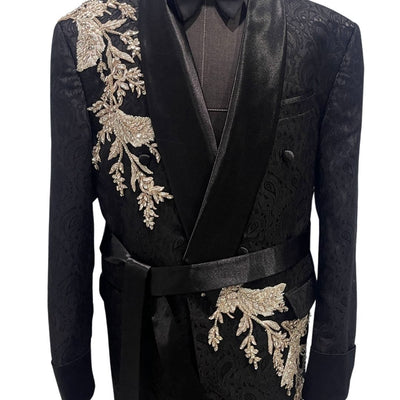 BLACK JACQUARD SUIT W/ ROPE AND EMBELLISHMENTS
