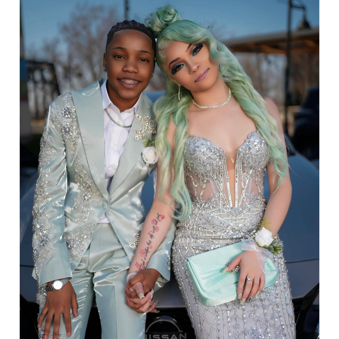 Mint green satin suit with crystal embellishments