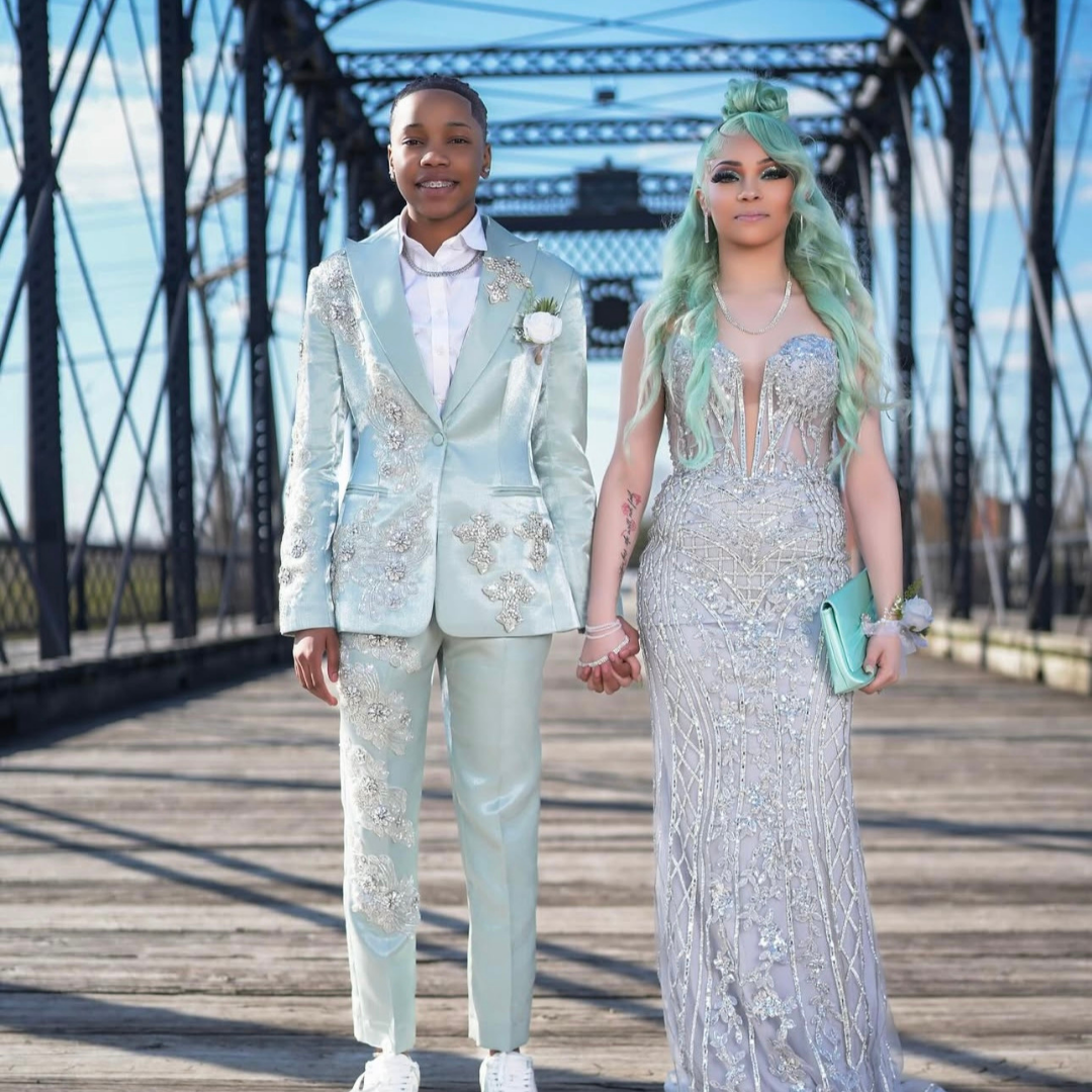 Mint green satin suit with crystal embellishments