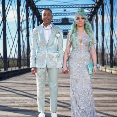 Mint green satin suit with crystal embellishments
