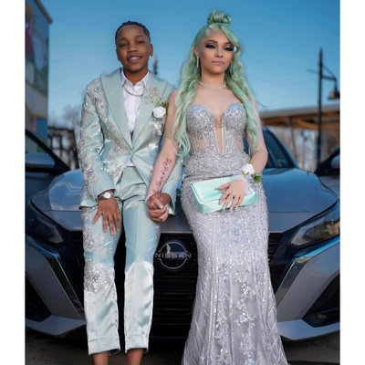 Mint green satin suit with crystal embellishments