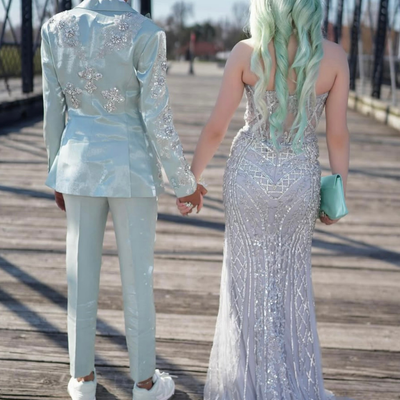 Mint green satin suit with crystal embellishments