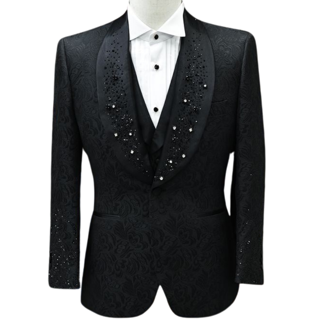 Black jacquard 3-piece suit with black crystals