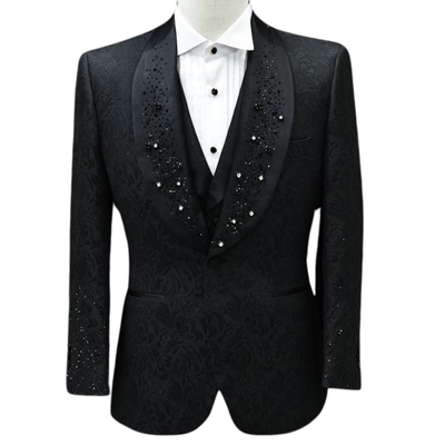 Black jacquard 3-piece suit with black crystals