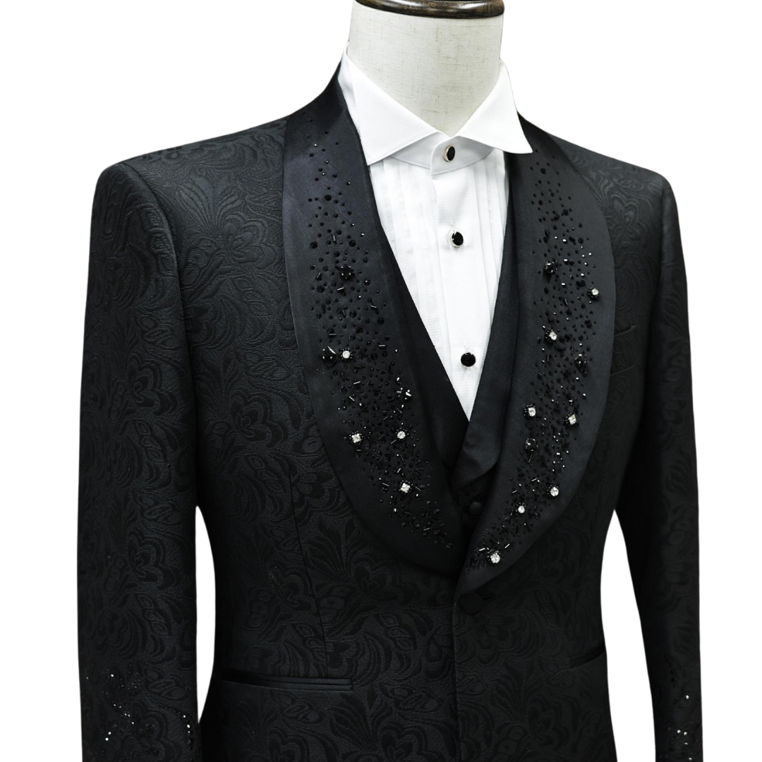 Black jacquard 3-piece suit with black crystals