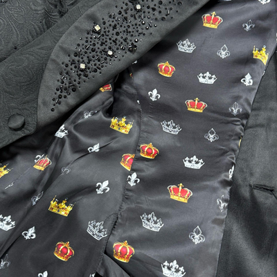 Black jacquard 3-piece suit with black crystals