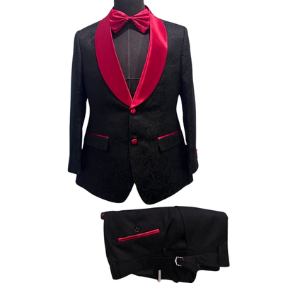 Black Butterfly Jacquard with red satin 3-piece suit