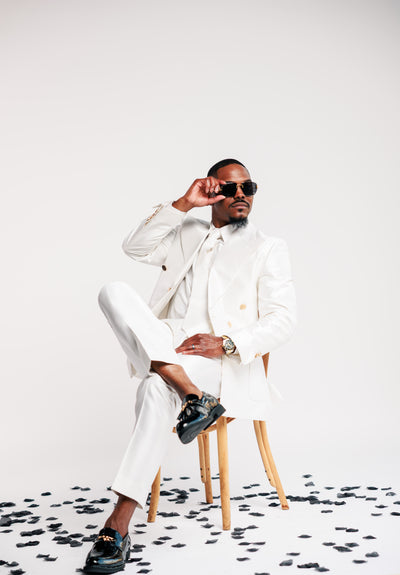 White Shiny Suit with Gold Buttons