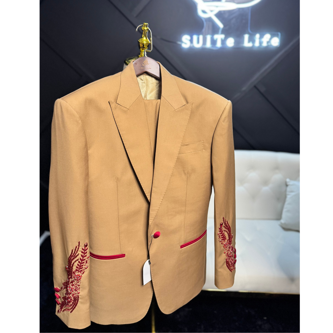 Tan and Red suit with red embellishments