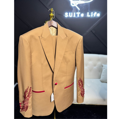 Tan and Red suit with red embellishments