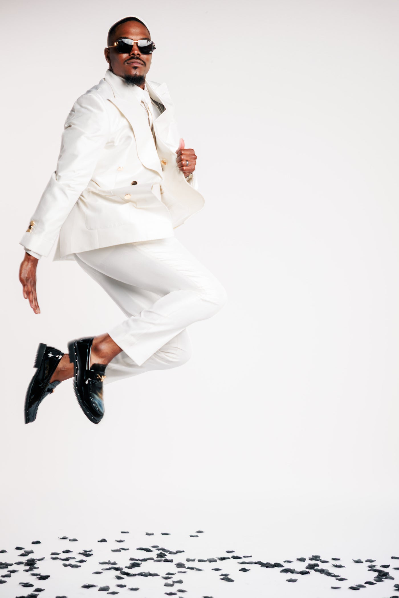 White Shiny Suit with Gold Buttons