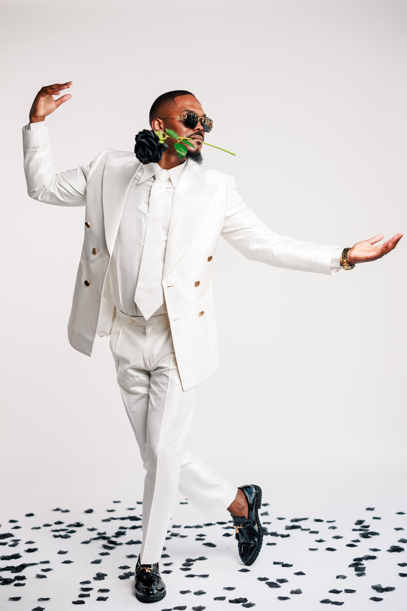 White Shiny Suit with Gold Buttons