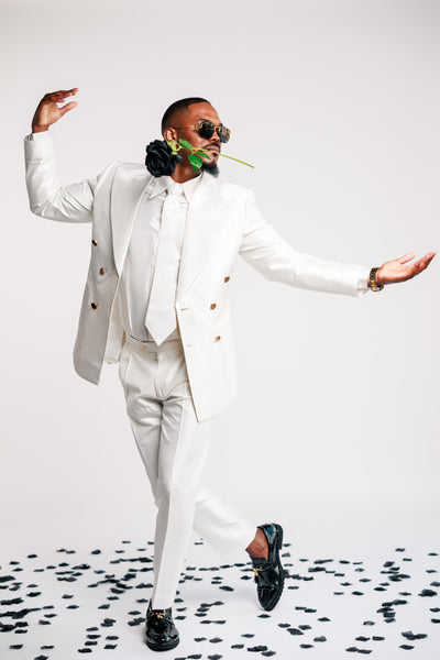 White Shiny Suit with Gold Buttons