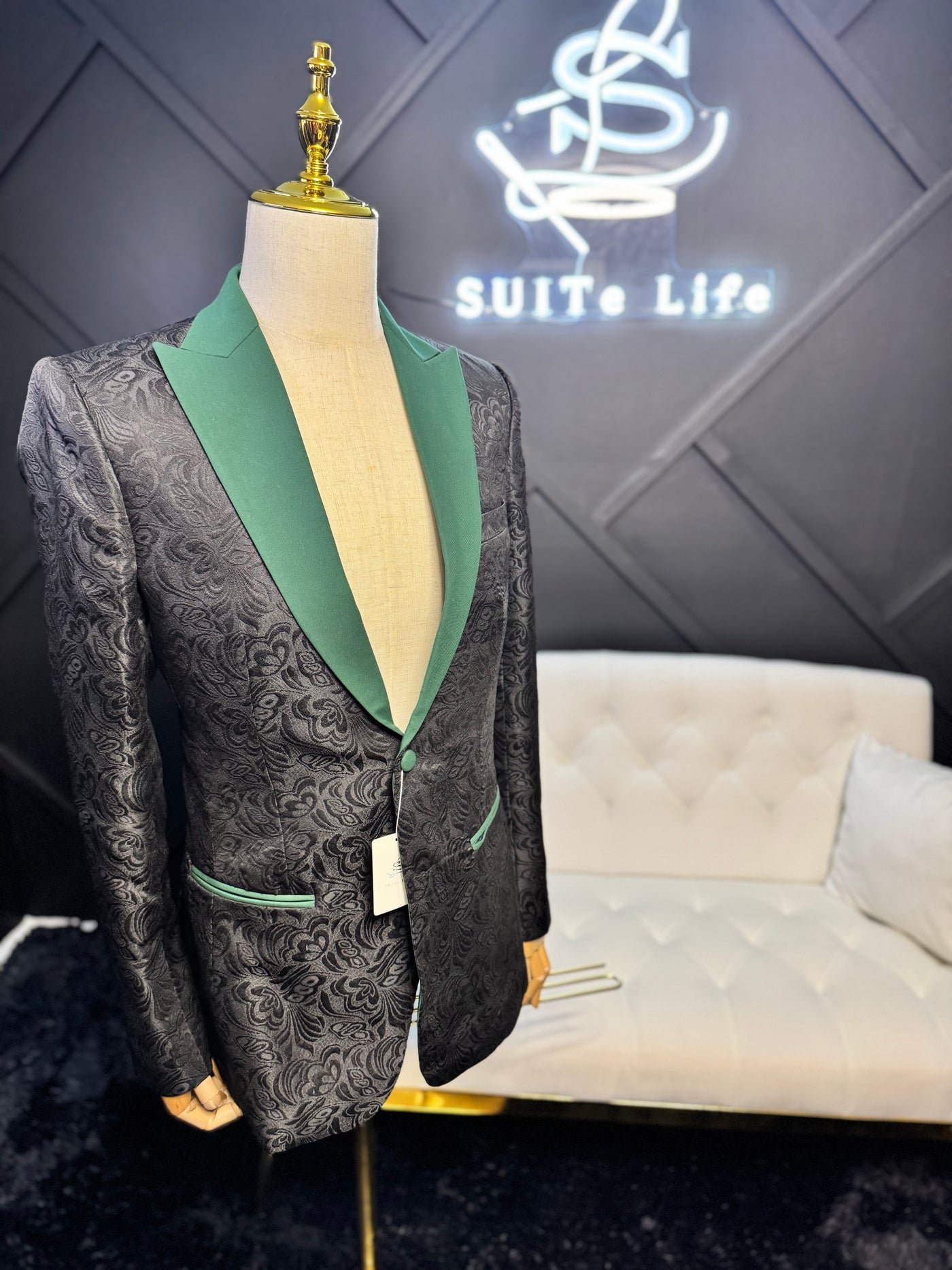 Black butterfly jacquard blazer with green lapel