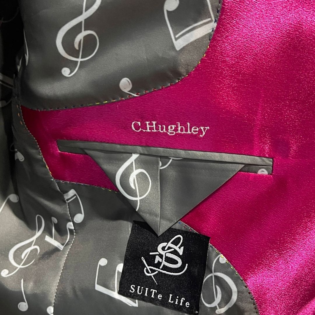 GREY JACQUARD AND HOT PINK SUIT