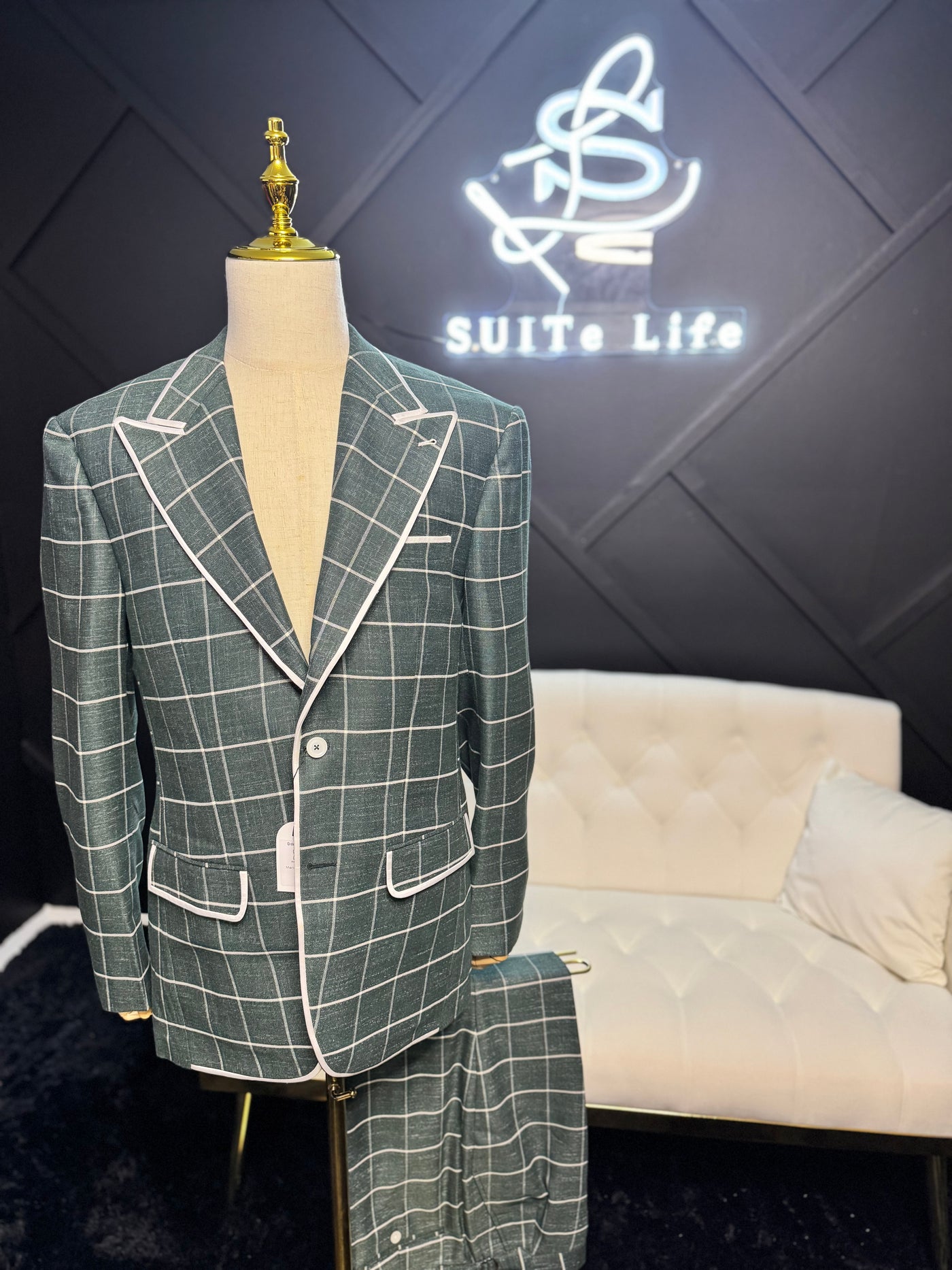 Green & White Windowpane Suit