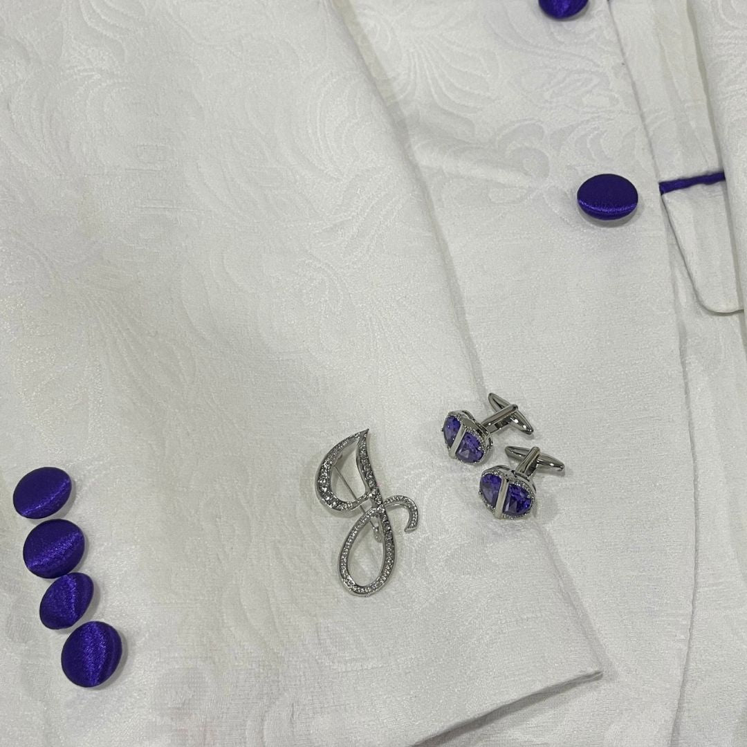 WHITE AND PURPLE JACQUARD 3-PIECE SUIT