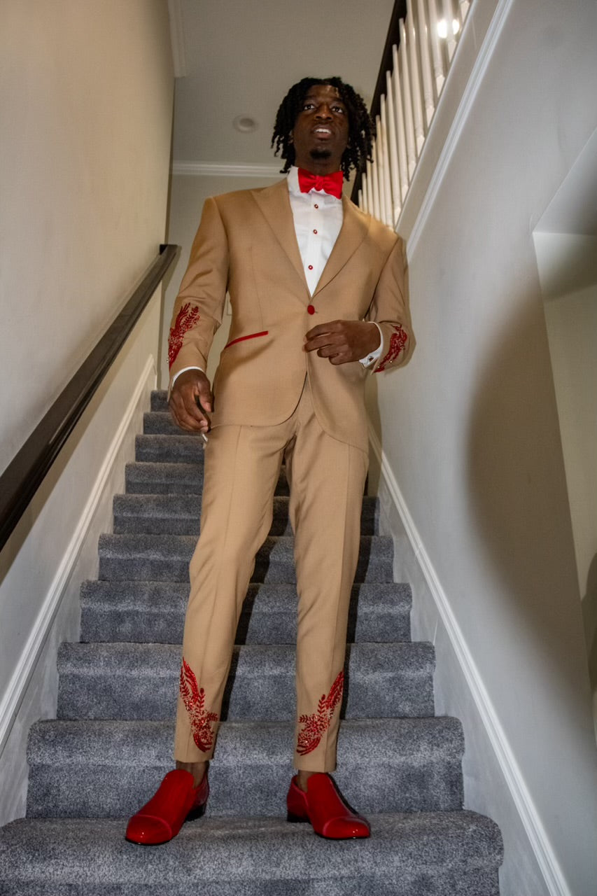 Tan and Red suit with red embellishments