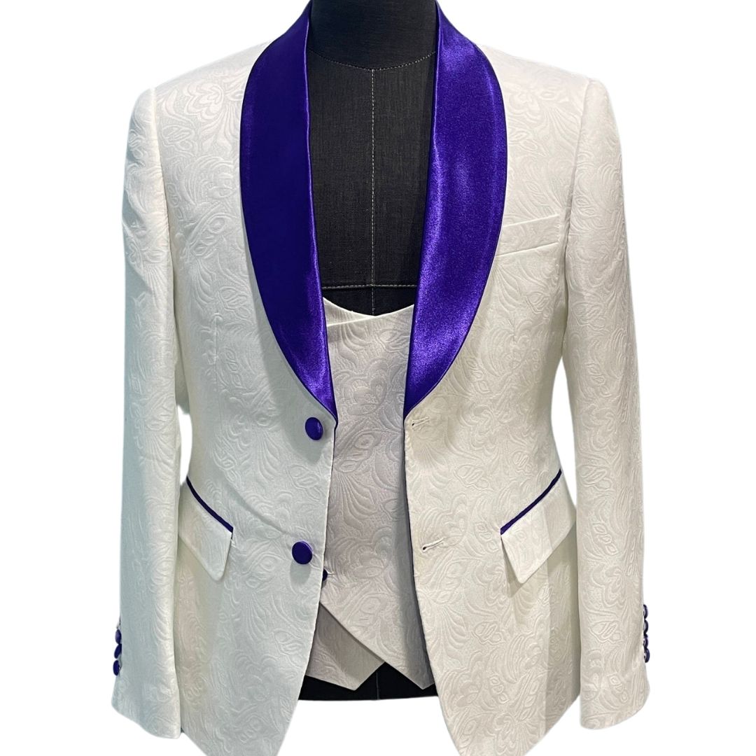 WHITE AND PURPLE JACQUARD 3-PIECE SUIT