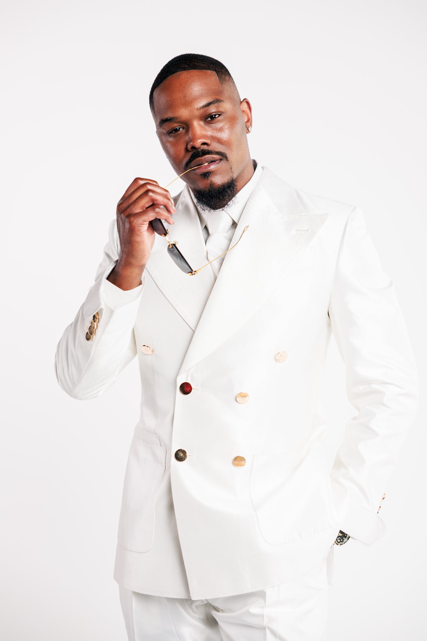 White Shiny Suit with Gold Buttons