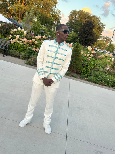 White & Blue Sequin Military Jacket