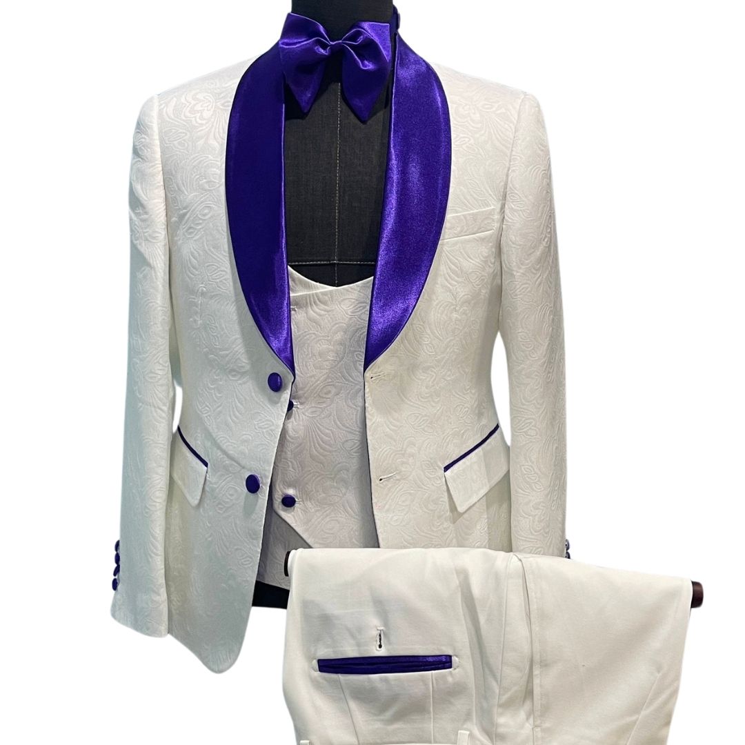 WHITE AND PURPLE JACQUARD 3-PIECE SUIT