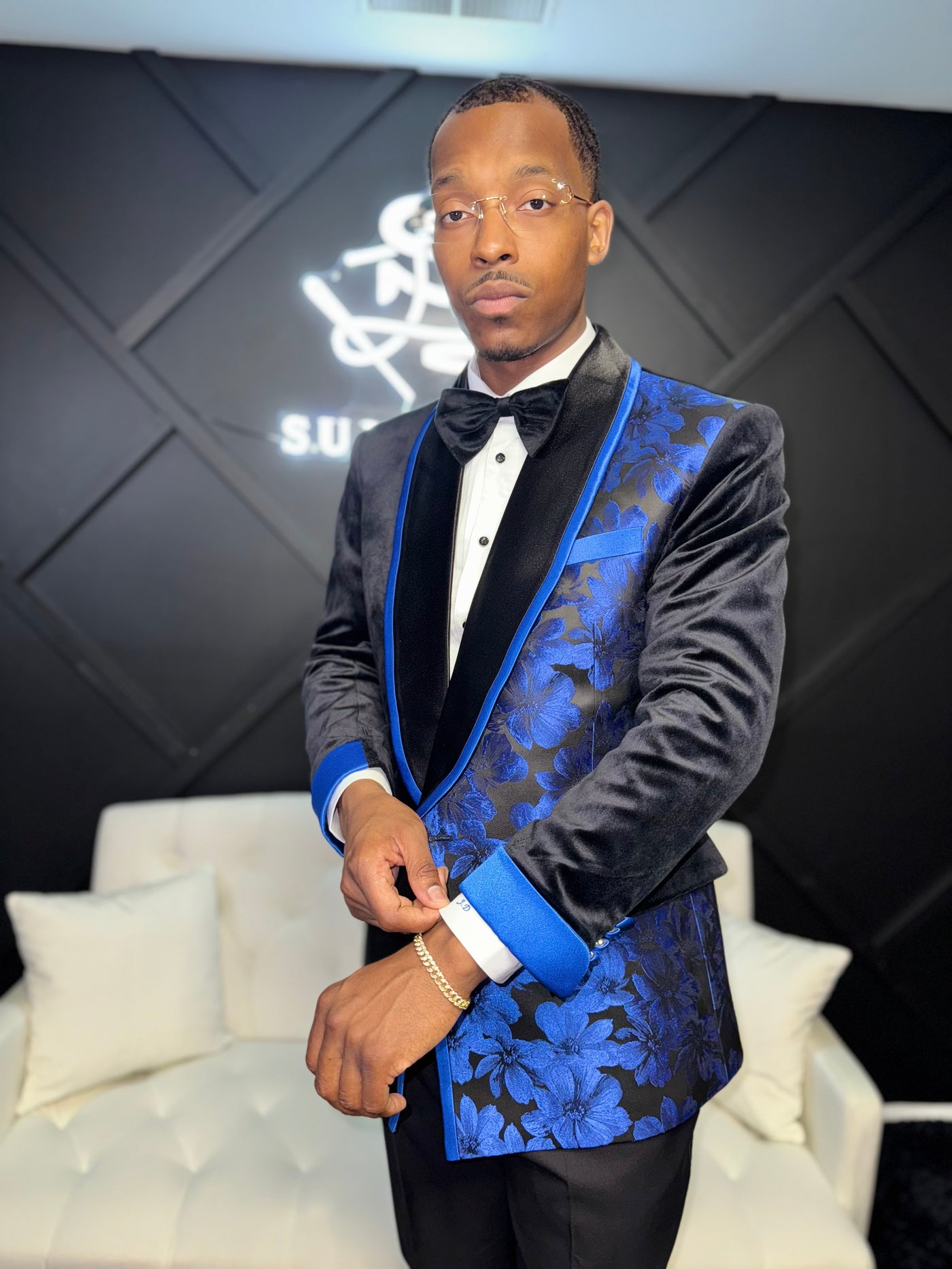 Black Velvet and Blue Flower Print Suit