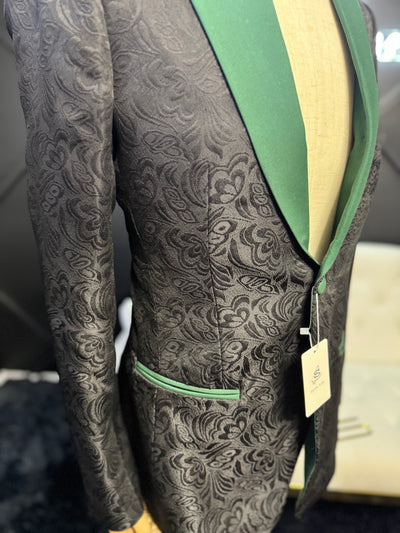 Black butterfly jacquard blazer with green lapel