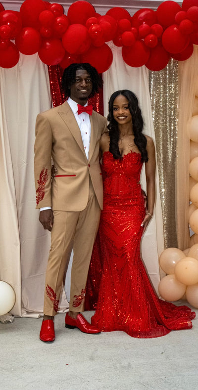 Tan and Red suit with red embellishments