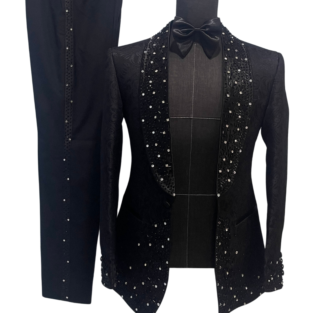 SINGLE BREASTED BLACK BUTTERFLY JACQUARD SUIT WITH EMBELLISHMENTS