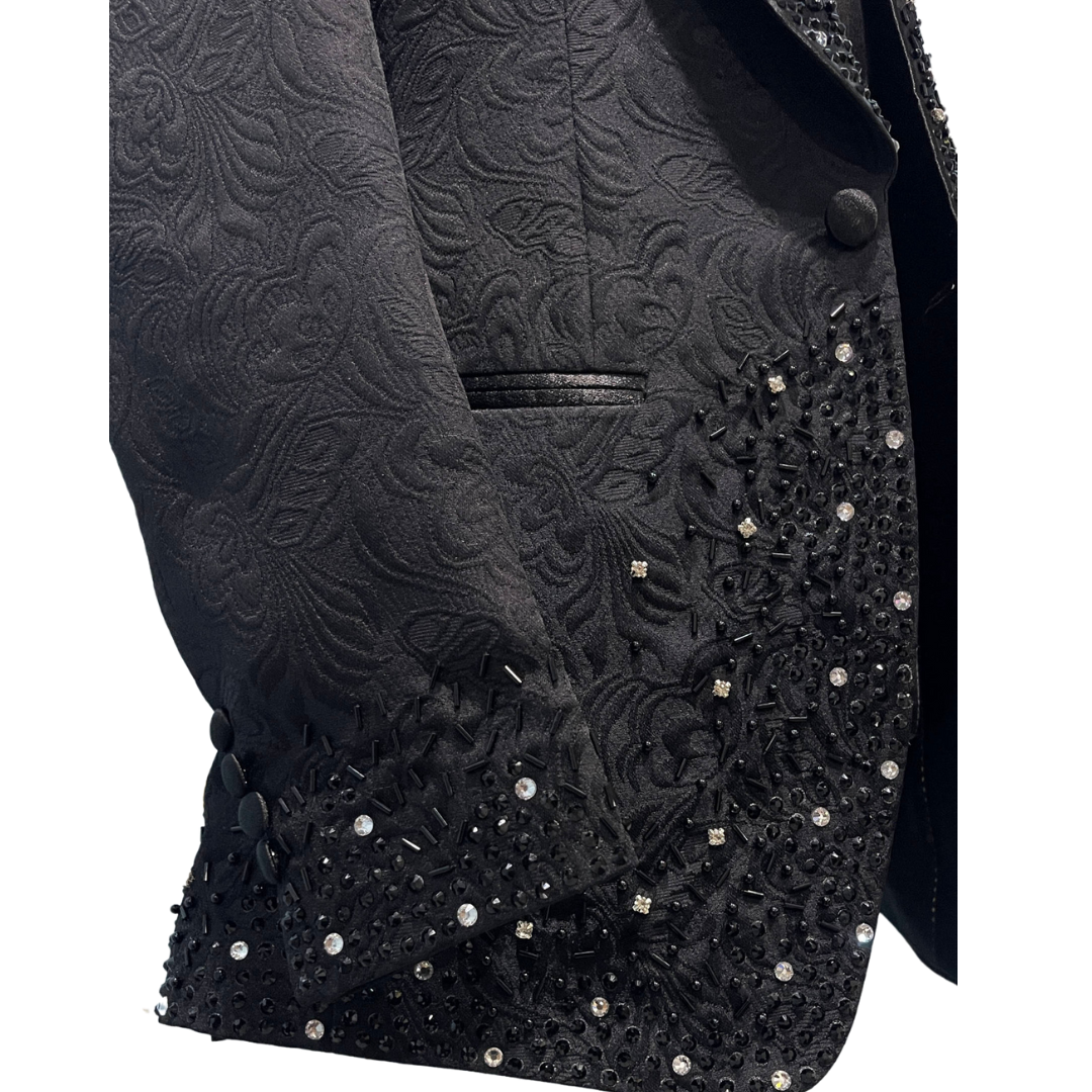 SINGLE BREASTED BLACK BUTTERFLY JACQUARD SUIT WITH EMBELLISHMENTS