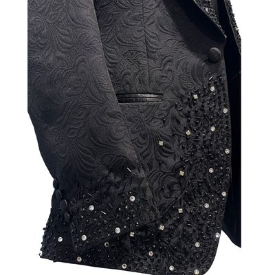 SINGLE BREASTED BLACK BUTTERFLY JACQUARD SUIT WITH EMBELLISHMENTS