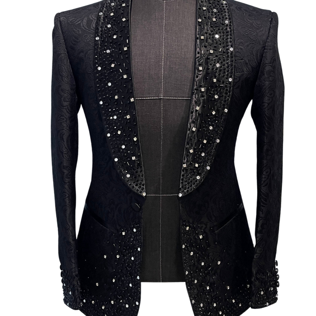 SINGLE BREASTED BLACK BUTTERFLY JACQUARD SUIT WITH EMBELLISHMENTS