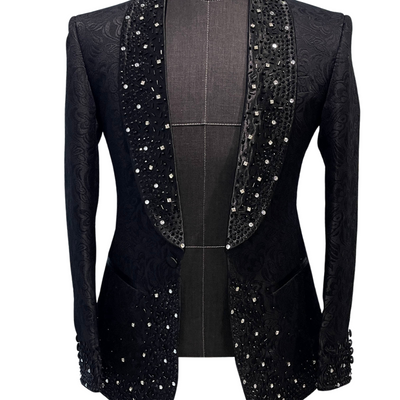 SINGLE BREASTED BLACK BUTTERFLY JACQUARD SUIT WITH EMBELLISHMENTS