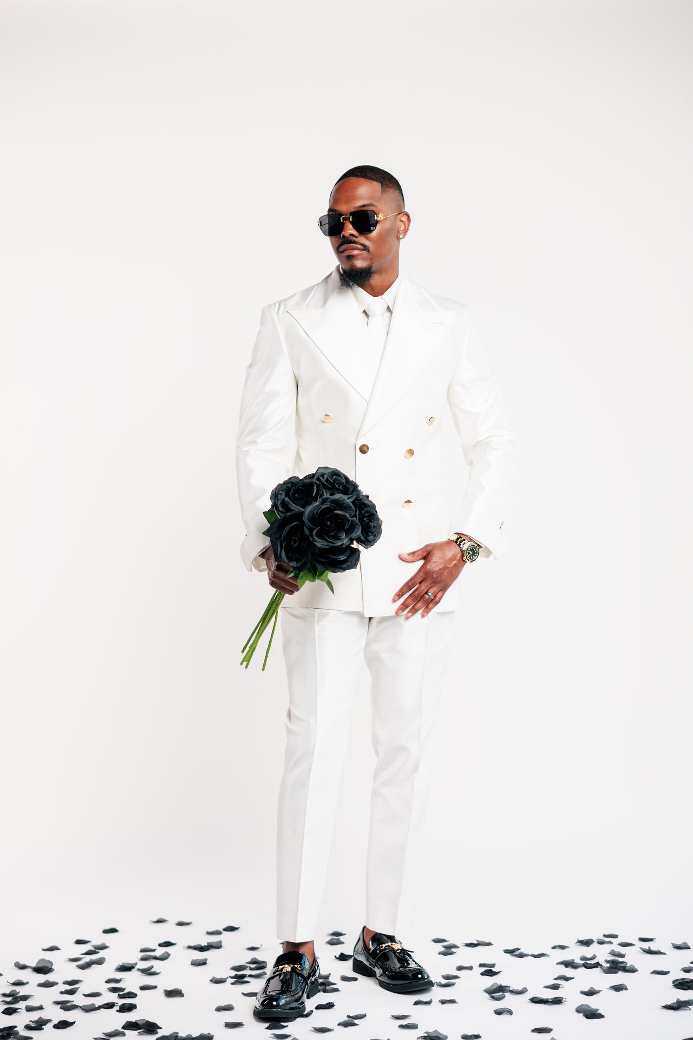 White Shiny Suit with Gold Buttons