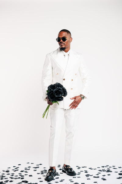 White Shiny Suit with Gold Buttons