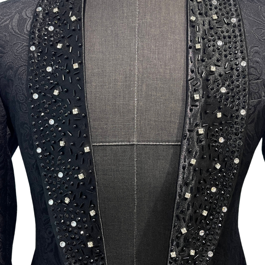 SINGLE BREASTED BLACK BUTTERFLY JACQUARD SUIT WITH EMBELLISHMENTS