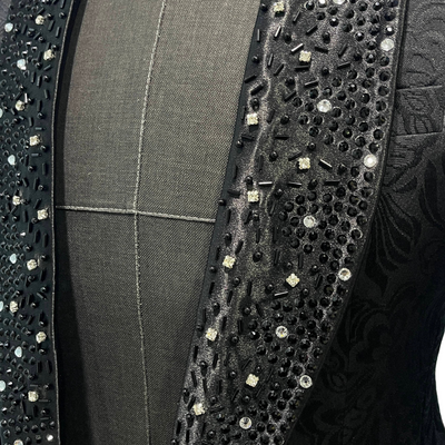 SINGLE BREASTED BLACK BUTTERFLY JACQUARD SUIT WITH EMBELLISHMENTS