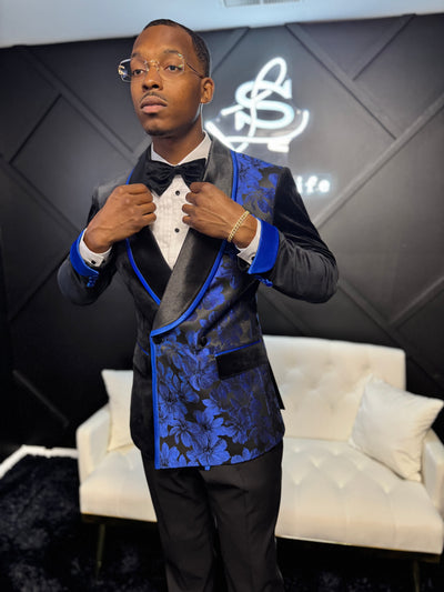 Black Velvet and Blue Flower Print Suit