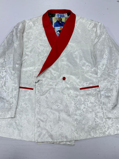 White jacquard suit with red lapel